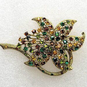 Colorful Rhinestone Gold Tone Large Brooch or Pendant